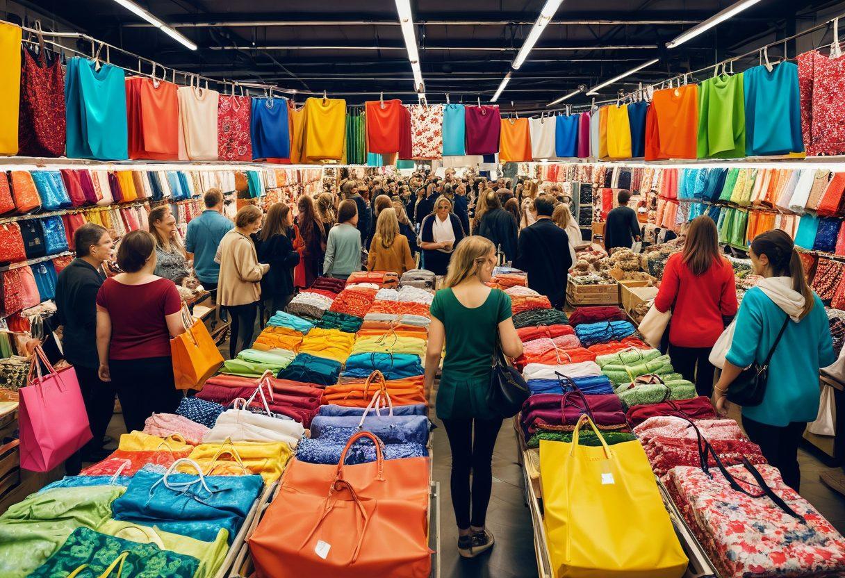 A vibrant marketplace scene showcasing diverse shoppers exploring colorful wholesale stalls filled with an array of products like groceries, clothing, and household items. Highlight a joyful shopper holding bags filled with savings, while a price tag with a discount symbol floats nearby. Incorporate energetic colors and detailed textures to emphasize the variety of items available. super-realistic. vibrant colors. lively atmosphere.