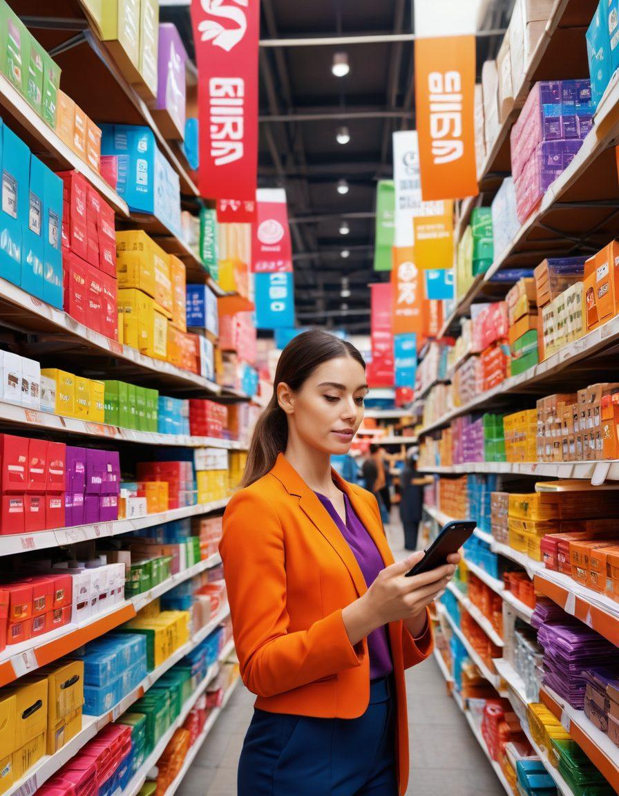A dynamic scene showcasing a confident businesswoman analyzing wholesale price tags in a busy market filled with colorful goods. She holds a smartphone displaying price comparisons, surrounded by stacks of boxes and an array of products from electronics to textiles. Bright banners overhead showcasing discounts create an energetic atmosphere. super-realistic. vibrant colors. 3D.