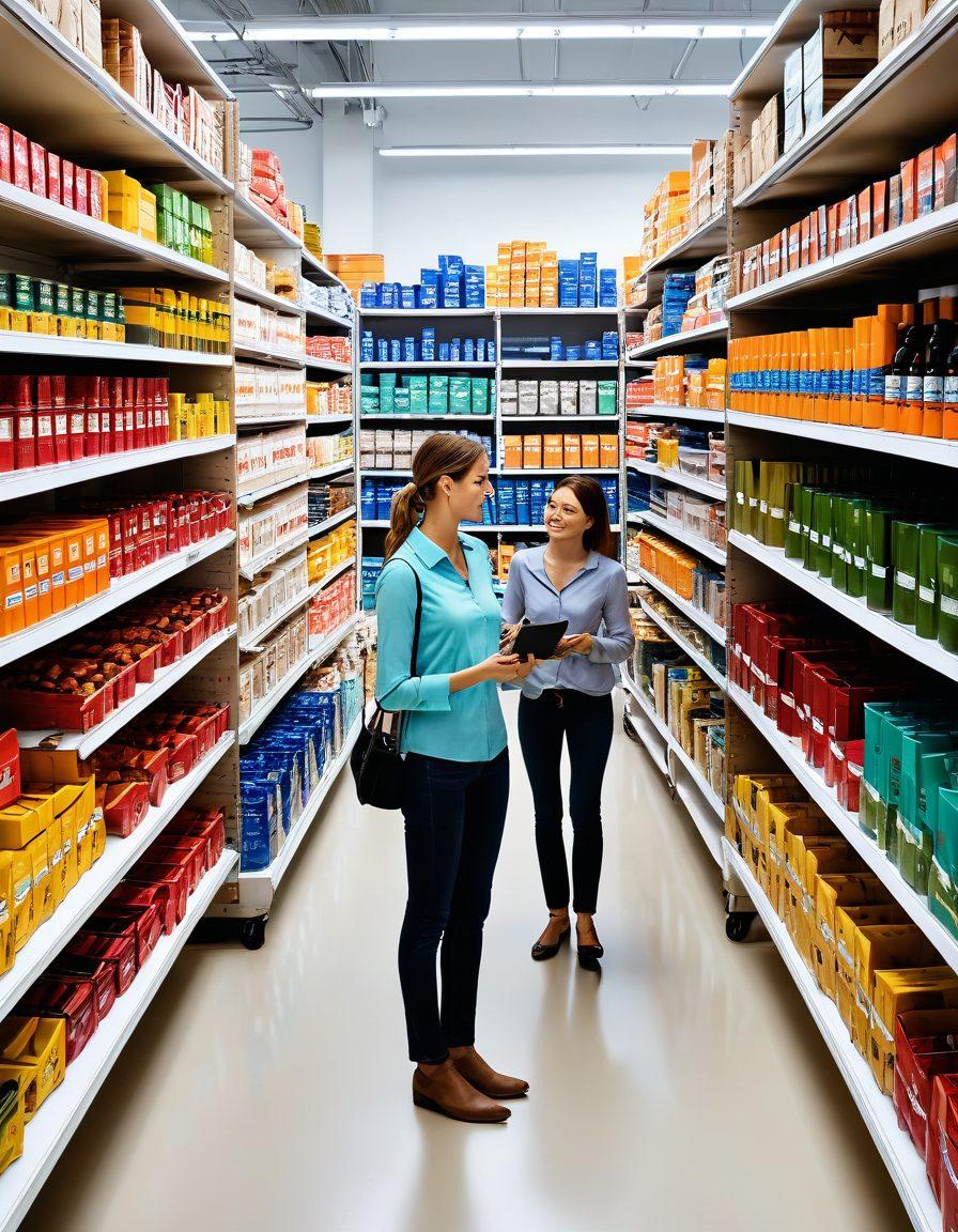 A dynamic retail scene showcasing super wholesalers interacting with diverse shoppers, highlighting vibrant displays of cost-effective goods. Include elements like organized shelves, excited customers, and colorful pricing tags, emphasizing a sense of community and smart shopping. The atmosphere should be lively and engaging. super-realistic. vibrant colors. white background.